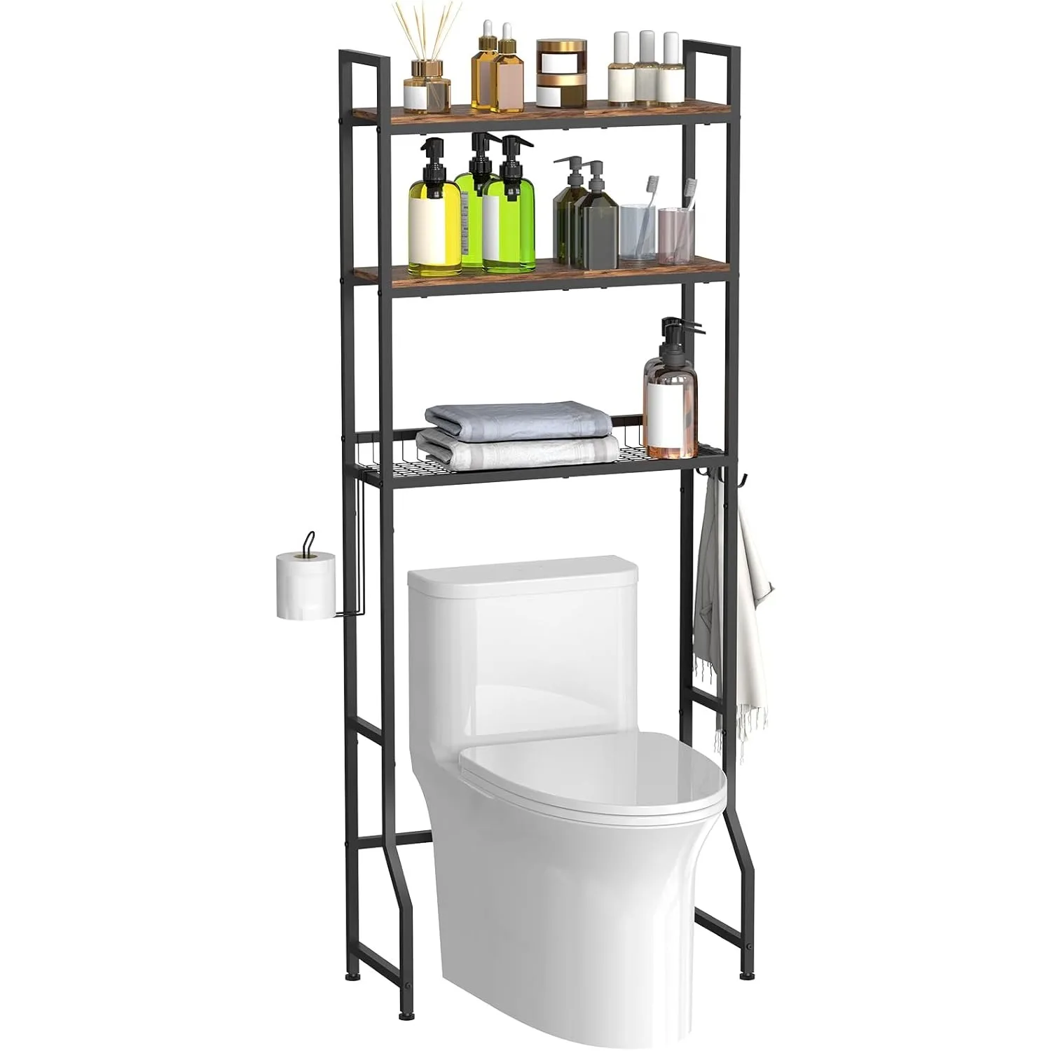 

3-Tier Over Toilet Organizer | Metal Bathroom Space Saver with 4 Hooks, Brown Freestanding Storage Rack for Bathroom/Laundry