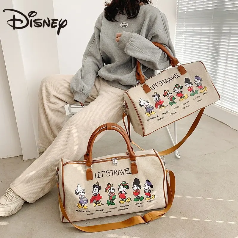 MINISO-bolso de lona de Mickey Mouse para mujer, bolsa de almacenamiento portátil, bolso de viaje de dibujos animados, bolso de hombro de gran