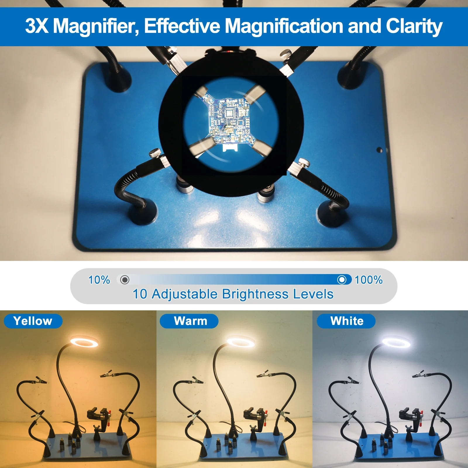 Ferramenta Toolour-Solda Terceira Mão, Magnetic Helping Hands, PCB Circuit Board Holder, 3X LED Lamp ampliação