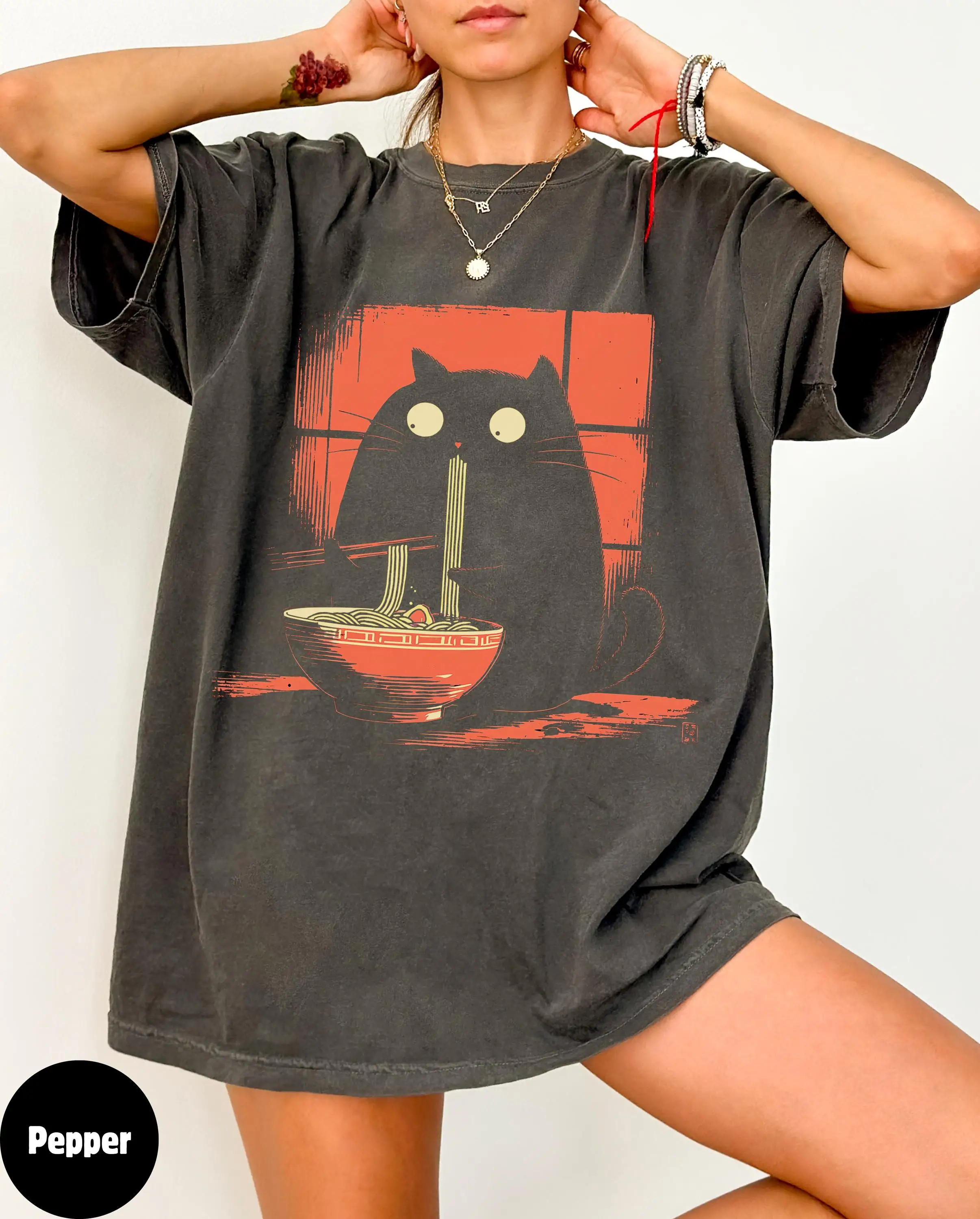 

Plus Size Summer Women's Vintage Black Cat Pattern T-Shirt Cotton Breathable Stylish Versatile Street Style Oversized