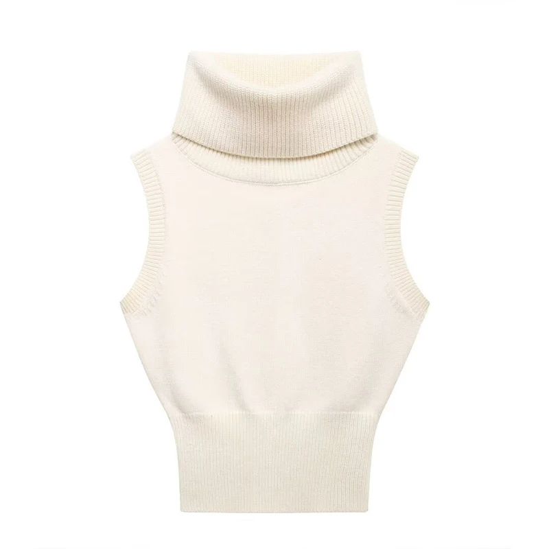 Willshela Women Fashion Solid Elastic Waist Knitted Pullover Vest Vintage High Neck Sleeveless Female Chic Lady Tank Tops