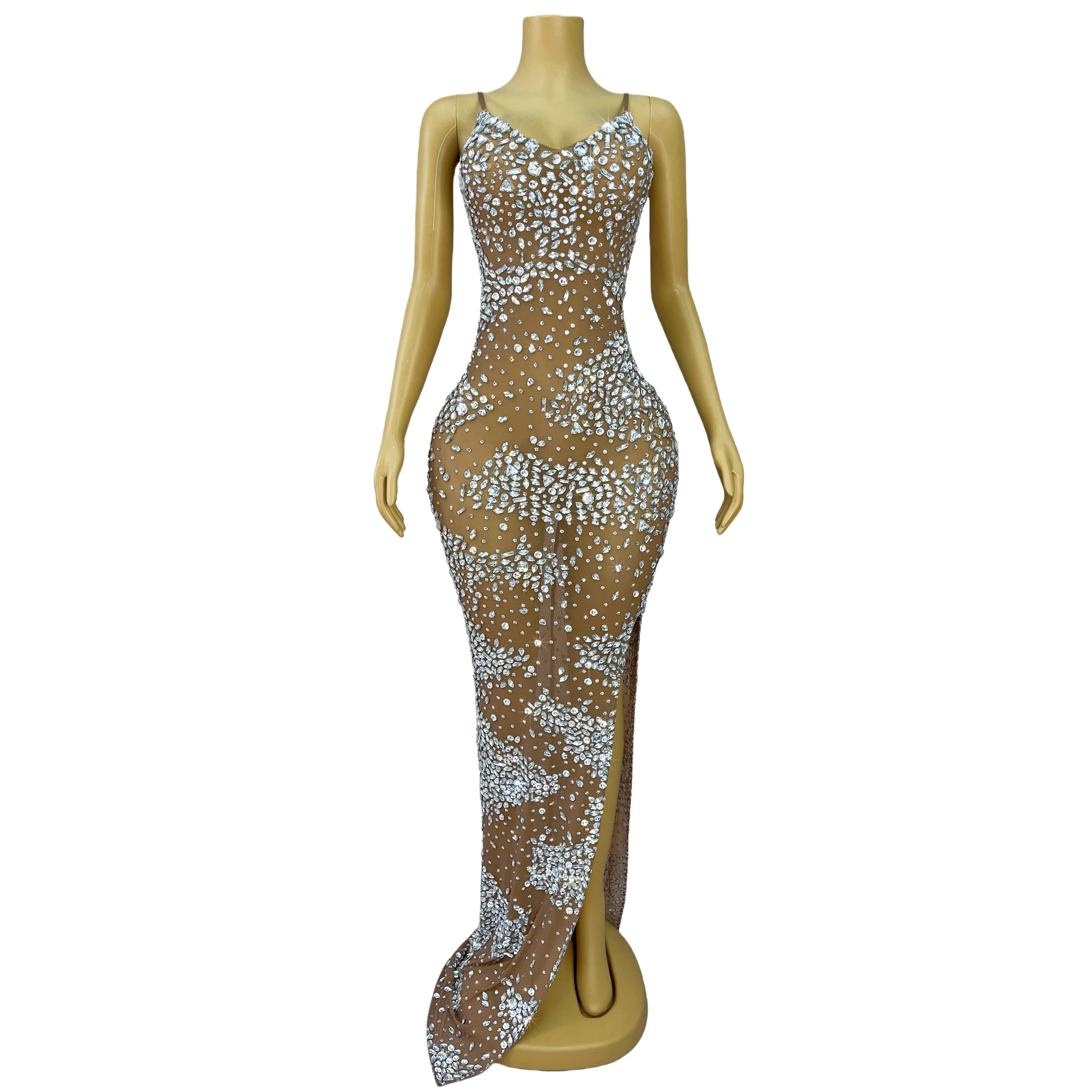 

Women Cocktail party Evening Elegant Gown Red carpet Stage Costume Shining Rhinestones Suspenders Mesh Long Dress