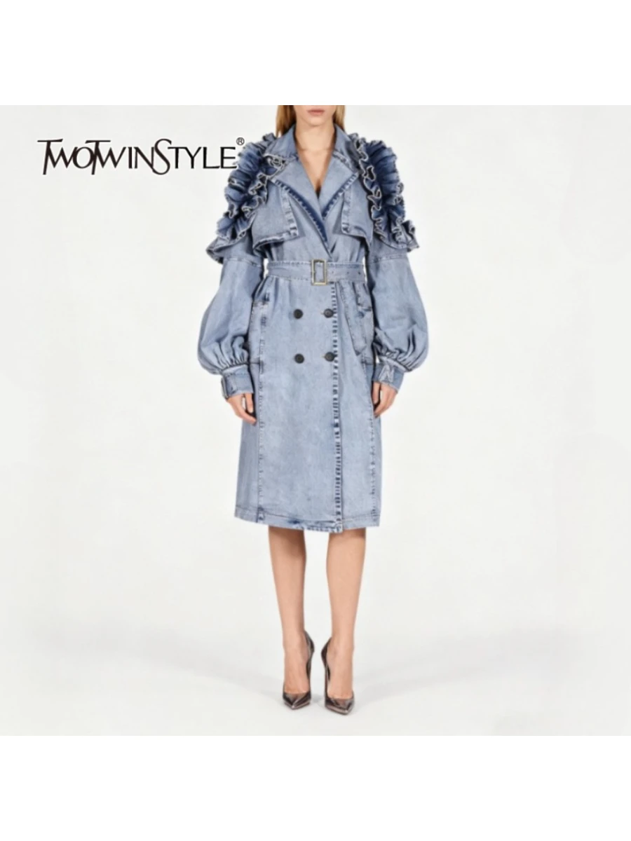 

TWOTWINSTYLE модные ковбойские тренчи со складками и оборками для женщин, Тренч с длинными рукавами и лацканами, лоскутный пояс, женский осенний новый