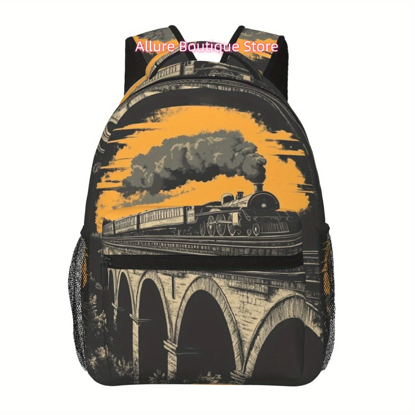 Large Capacity Vintage Steam Train Backpack for & s - Retro British Rail-Inspired with Laptop Compartment, Padded Waist, Tablet