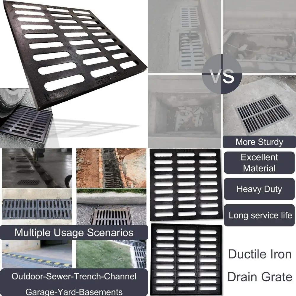 

Heavy Duty Cast Iron Outdoor Drain Cover, 20x20 Inch B-Class Sewer Grate, Durable Square Drainage Grid, Black Finish