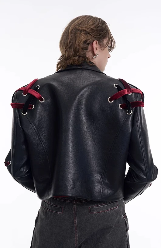 Men's Short Faux Leather Cross Woven Strap Jackets Men's 2025 Spring New Suit Collar Chic Top Shoulder Padded Motorcycle Clothes