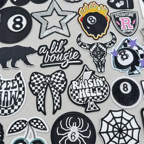 Black And White Embroidery Patches For Jacket Shoe Hat Iron On Stickers Sewing DIY Racing Flag Decoration Clothing Badges