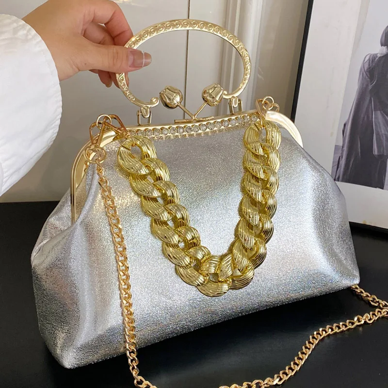 2023 Luxury Women\'s Silver Green Chain Shoulder Bags Gold PU Leather Shell Clip Designer Handbag And Purse Party Wedding Clutch