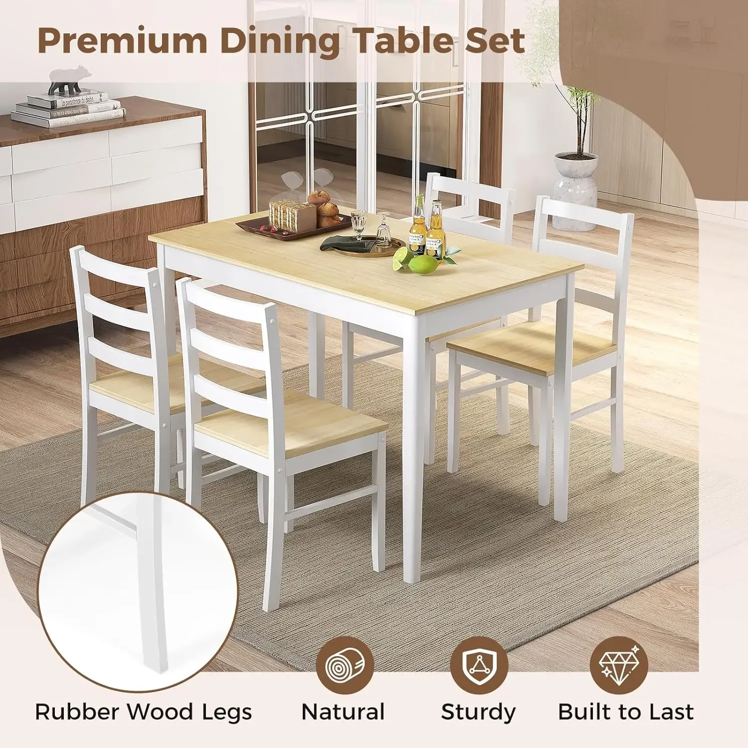 Wood Kitchen Table Chairs Set with Rubber Wood Legs, Space-Saving Design