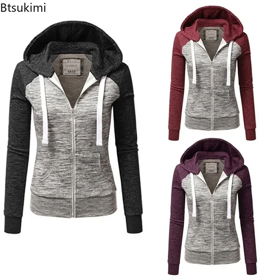 2025 Women\'s Long Sleeve Hoodies Fashion Splice Design Hooded Drawstring Sport Zip-up Coats Women Casual Color Block Sweatshirts