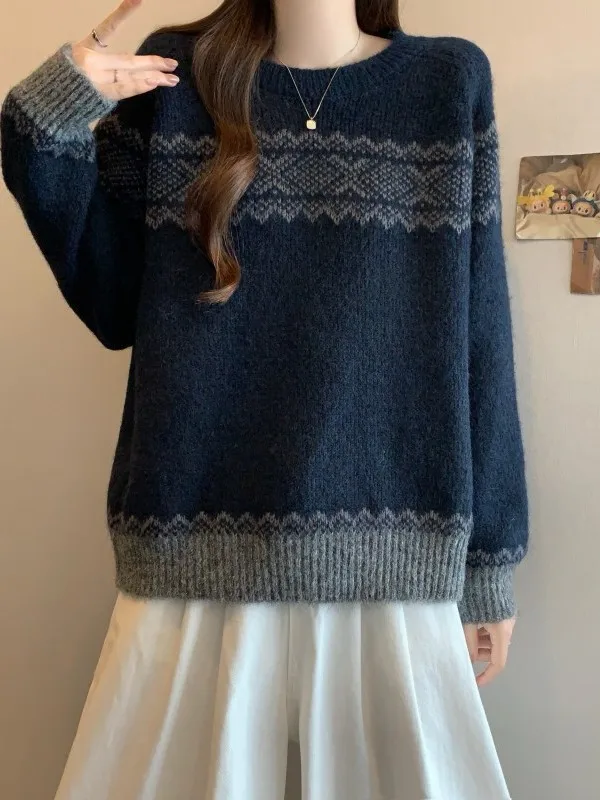 

Свободный круглый вязаный свитер Feild Island с кисточками и цветочным дизайном, осень-зима, модный женский топ большого размера, винтажный антивозрастной