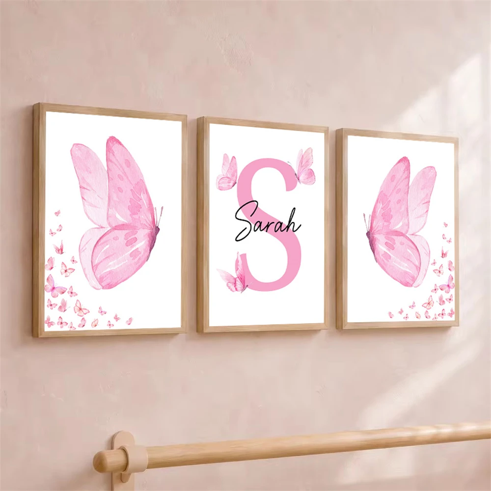 3pcs Personalized Custom Name Pink Butterfly Wall Art Print Canvas Poster Painting Picture Nursery Children's Room Home Decor