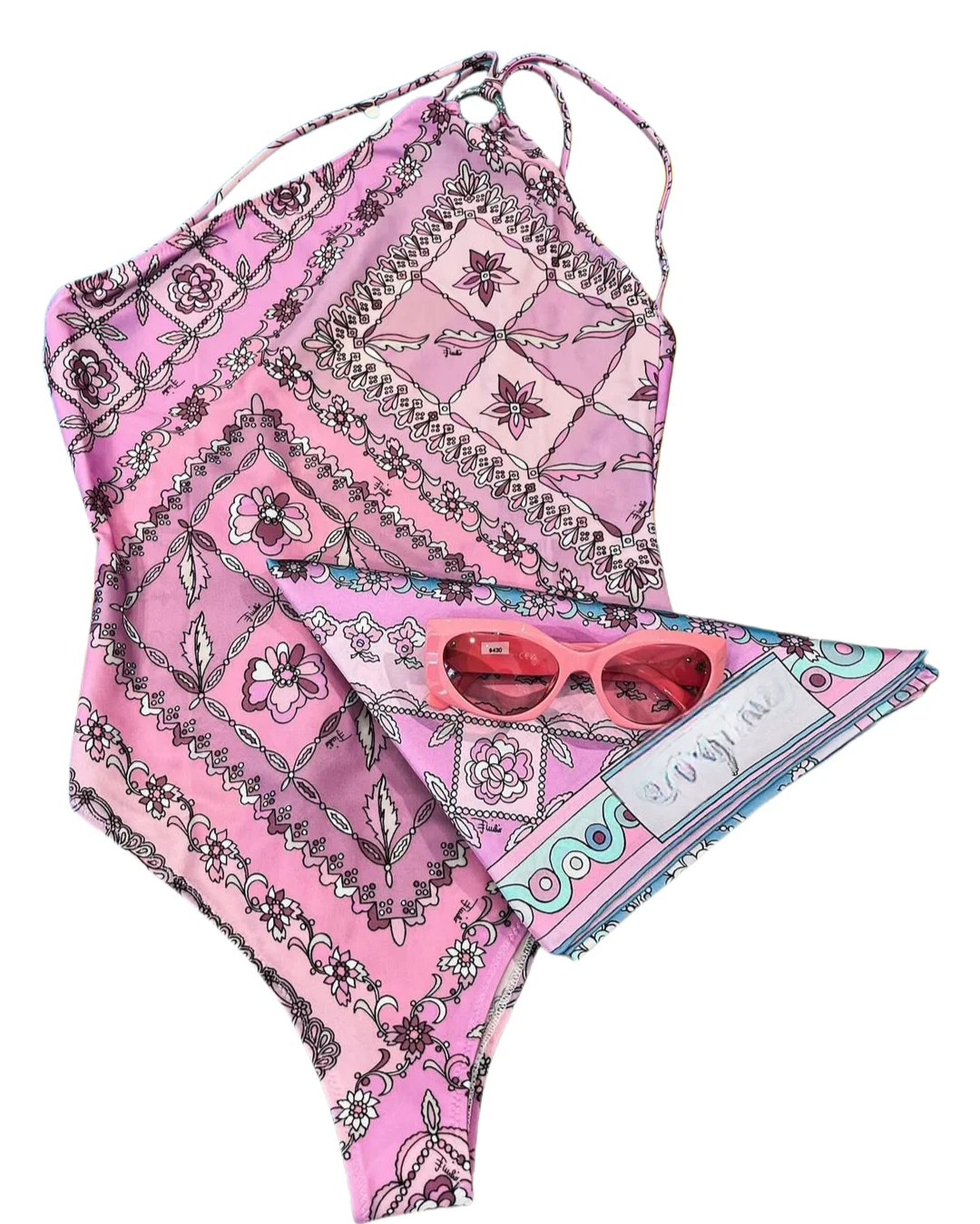 Schal-Badeanzug 2025, rosa Bikini, gestreifte Badebekleidung, abstraktes Muster, Badeanzug, einteilig, Strandmode mit Seidenschal