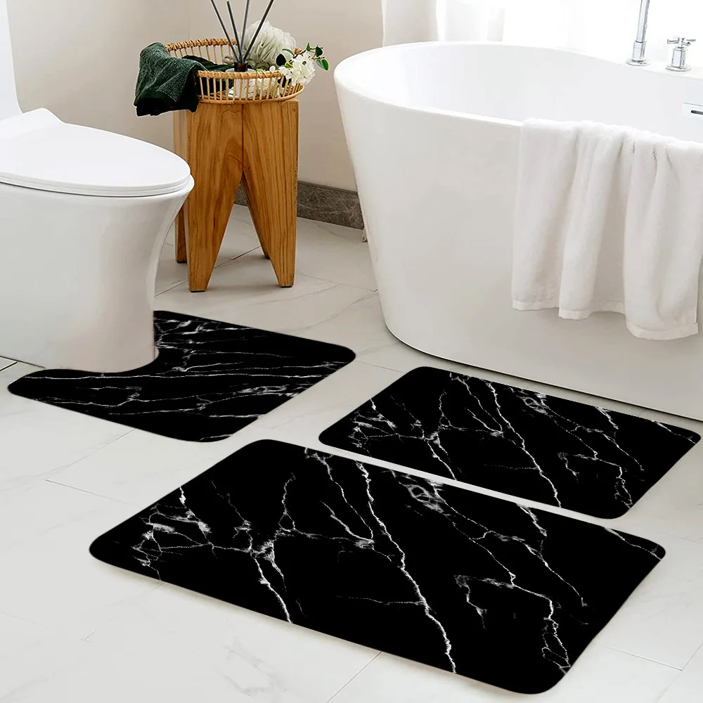 Creative Black Marble Bath Mat Set Gold Lines Grey Textured Pattern Modern Home Carpet Bathroom Decor Non-Slip Rug u-Shaped Mats