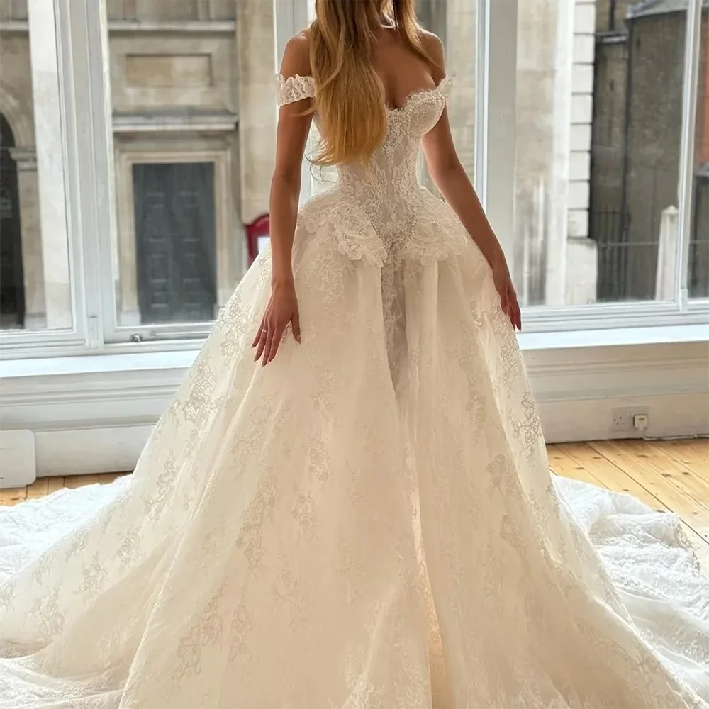 

Elegant Off Shoulder Lace Sleeveless Basque A-Line Bride Wedding Dresses Bridal Gowns Customized