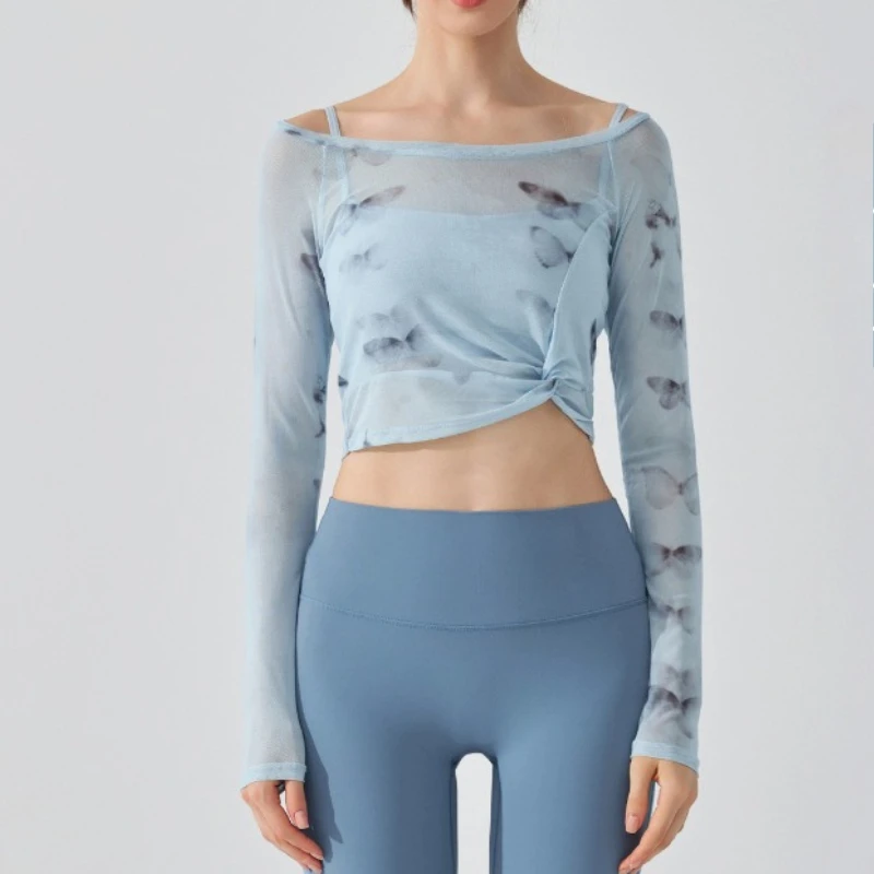 Two In One Pieces Butterfly Print Mesh Sports Pilates Yoga Suit Long Sleeve Fixed Chest Pad Quick-Drying Ruched Fit Blouse Tops