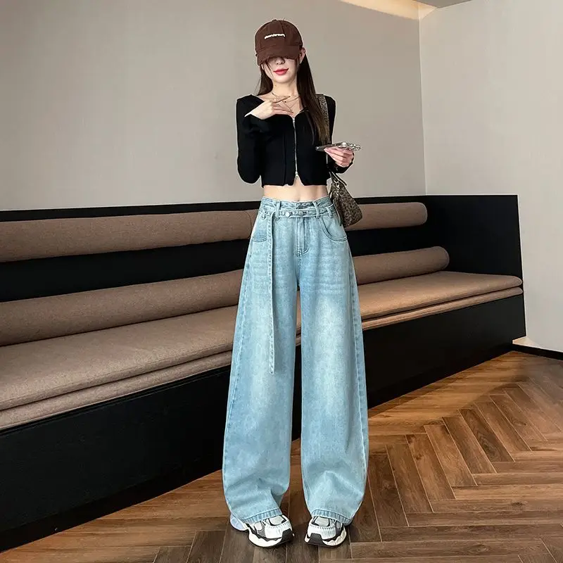 Blue high waisted jeans for women in spring 2025 new style slim curved knife pants large size loose and wide leg pants