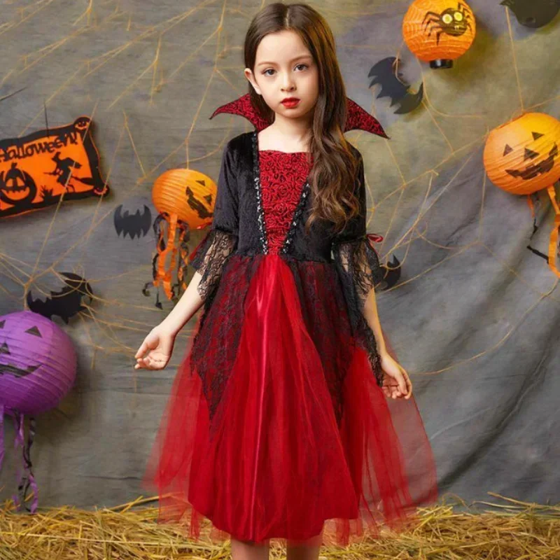 Mädchen Cosplay Halloween Vampir-Teufel-Kleid für Kinder Geisterbraut Gothic-Kostüm Vampir-Karnevals-Outfits Schwarze Rote Netzkleidung – Detail 10