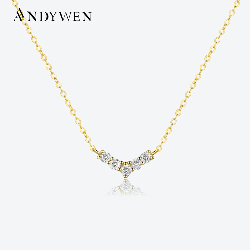 ANDYWEN 925 Sterling Silver V Zircon CZ Pave Pendant Long Chain Delicate Tiny Queen Women Valentiens Small Fine Jewelry 2023