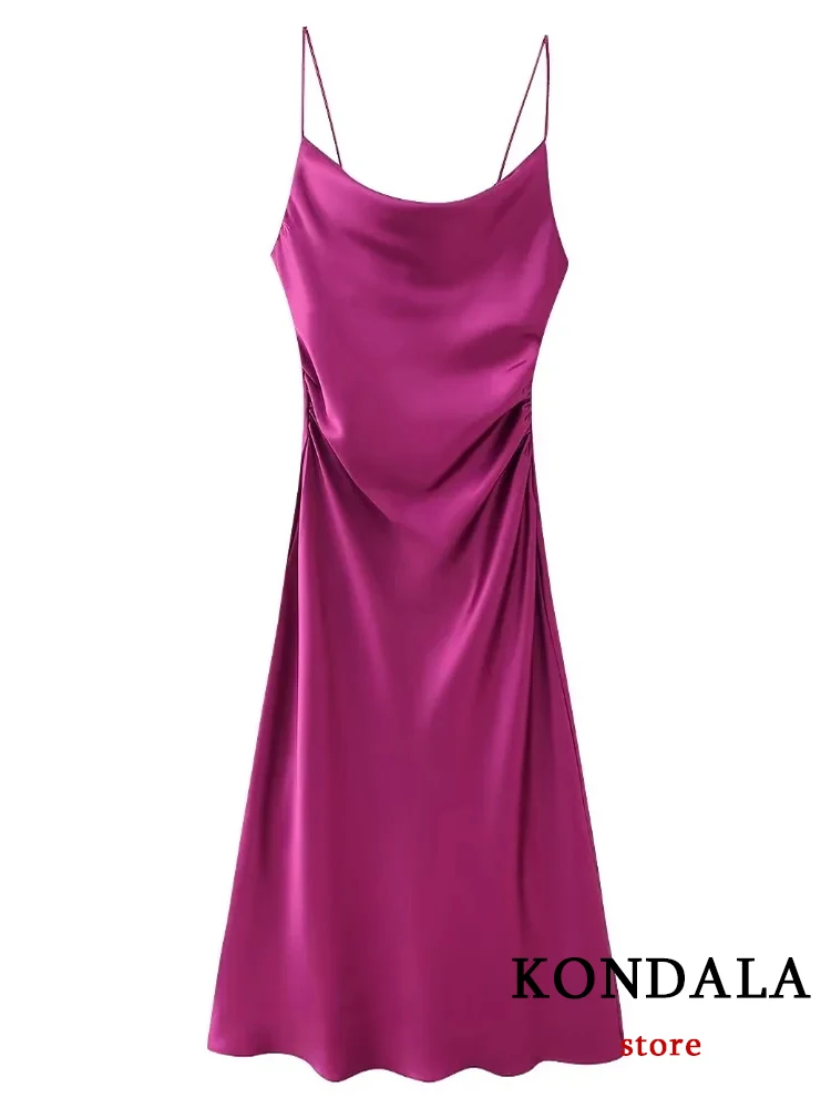 KONDALA Vintage Solid rosered Fashion 2023 Sheath Pleated Cami Women Dress Autumn Elegant Sexy Luxury Night Party Long Vestido