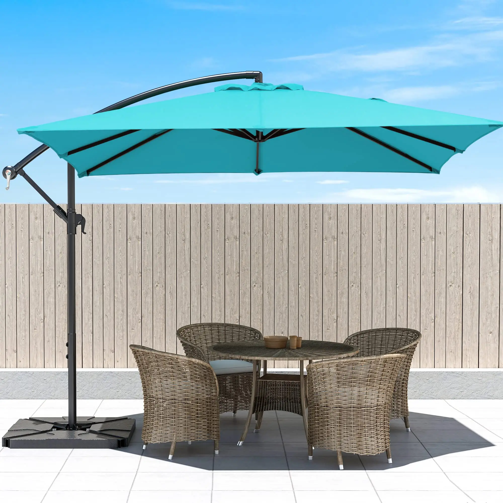 Bumblr 8x8ft Square Outdoor Umbrella with Base Included, Patio Offset Deck Umbrellas with Stand, UV Protected Sun Shade