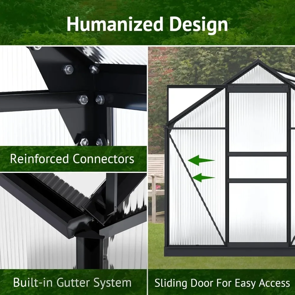 6x12 Foot Polycarbonate Greenhouse,heavy-duty Outdoor Walk-in Aluminum Greenhouse with Ventilated Windows,plant Rainwater Trough