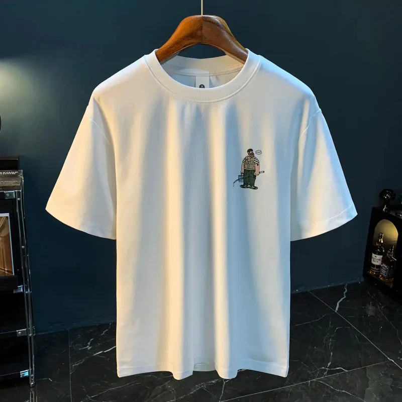 Men's Vintage Cartoon Fishing Graphic T-Shirt, Retro Oversized Short Sleeve Cotton T-Shirt, Summer Street Style Casual Shirt, Lo