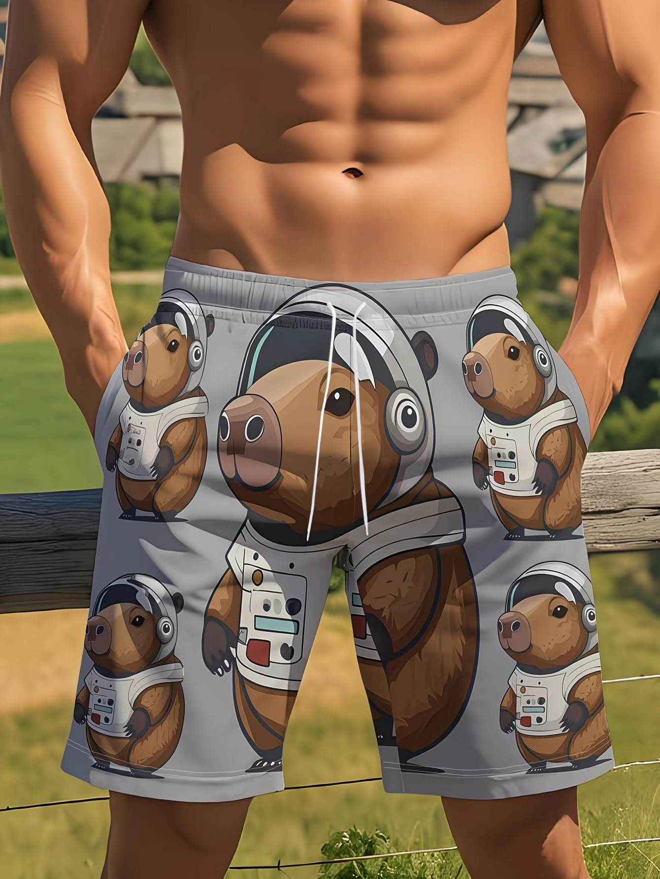 2026 New Men Quick Dry Beach Shorts Cute Astronaut Capybara Cartoon Print Swim Trunks Elastic Drawstring Mesh Lining Casual Summ
