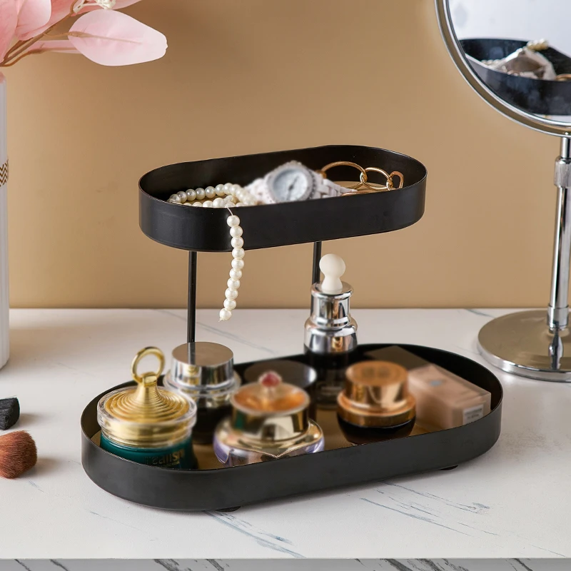 Double Storage Tray Black Metal Jewelry Cosmetic Tea Cup Candle Porch Desktop Decor Box Rack