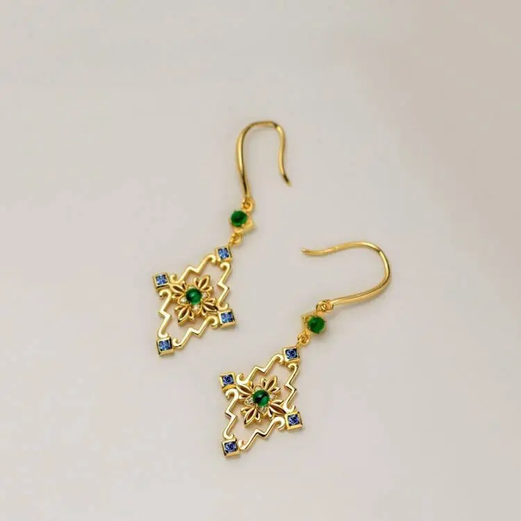 

Personality Vintage 925 Silver Emerald Jade Zircon Ear Hook Gold Geometric Dangle Drop Hanger Earring 2024 Influencer Jewelry