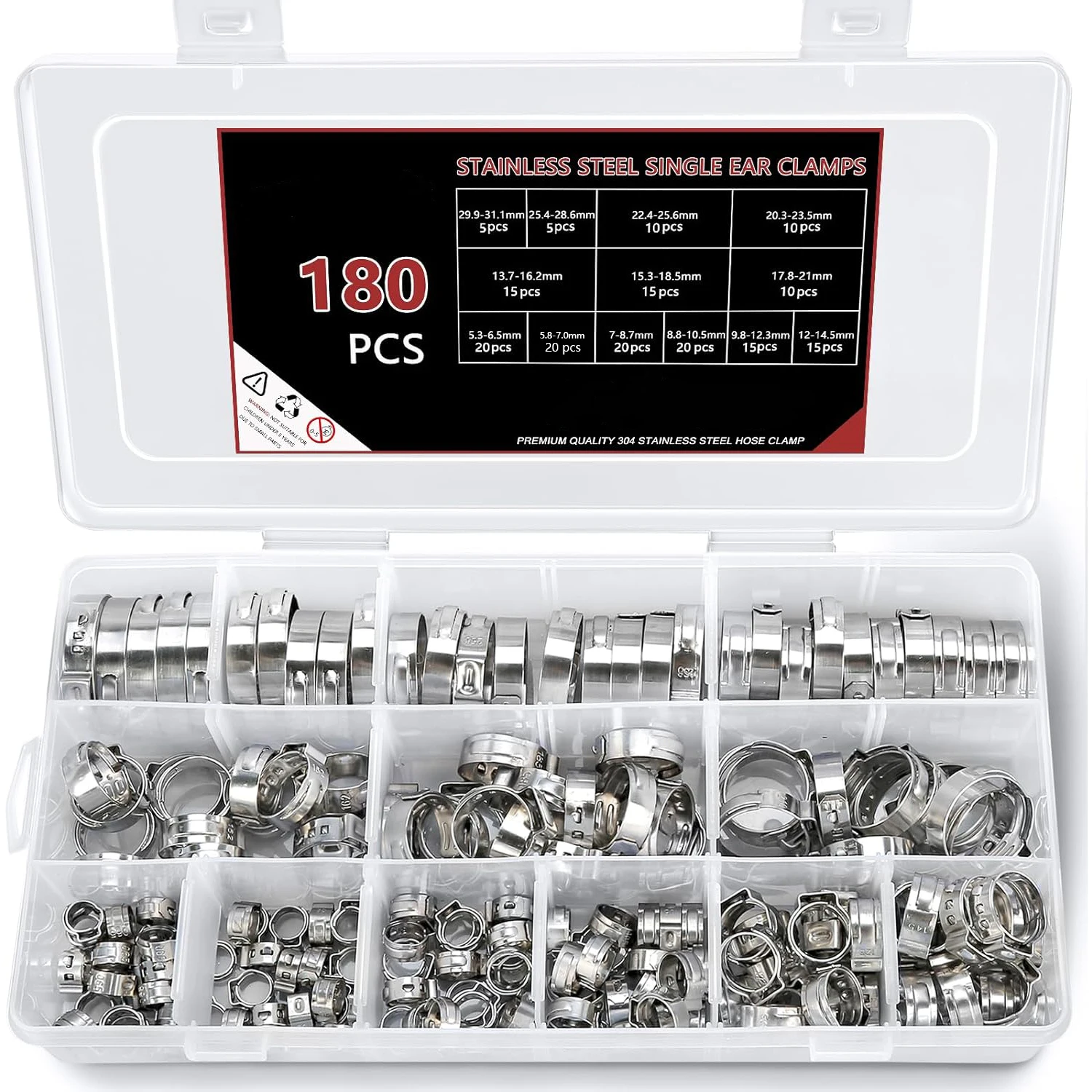 

180PCS Single Ear Hose Clamps 5.3-33.1mm 304 Stainless Steel Crimp Hose Clamp Assortment Kit Securing Pipe Hoses and Automotive