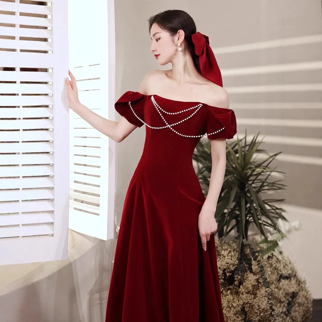 

Новое бордовое бархатное платье Toast Dress 2026 для помолвки, с открытыми плечами, длинное, простое и элегантное