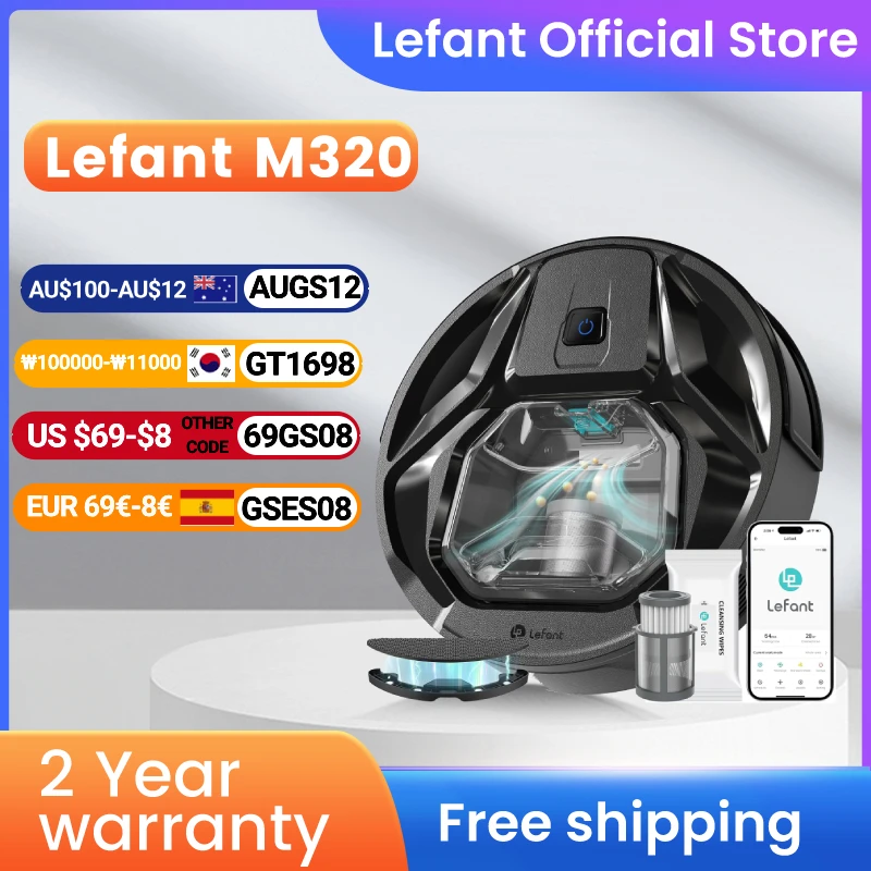 Lefant M320 Robot Vacuum Cleaner with Mopping, Powerful Suction, Visible Dustbin, Quiet, Self-Charging, Works with Alexa