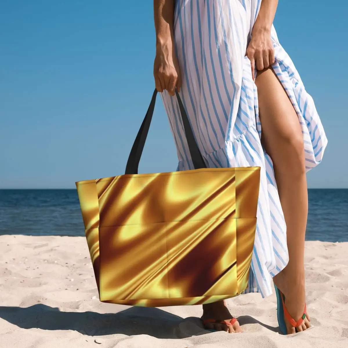 

Golden Fabric Geometric Wave Pattern Beach Tote Bag Sport Gym Yoga Duffle Large Tote Bag Women Travel Bag Fitness bag