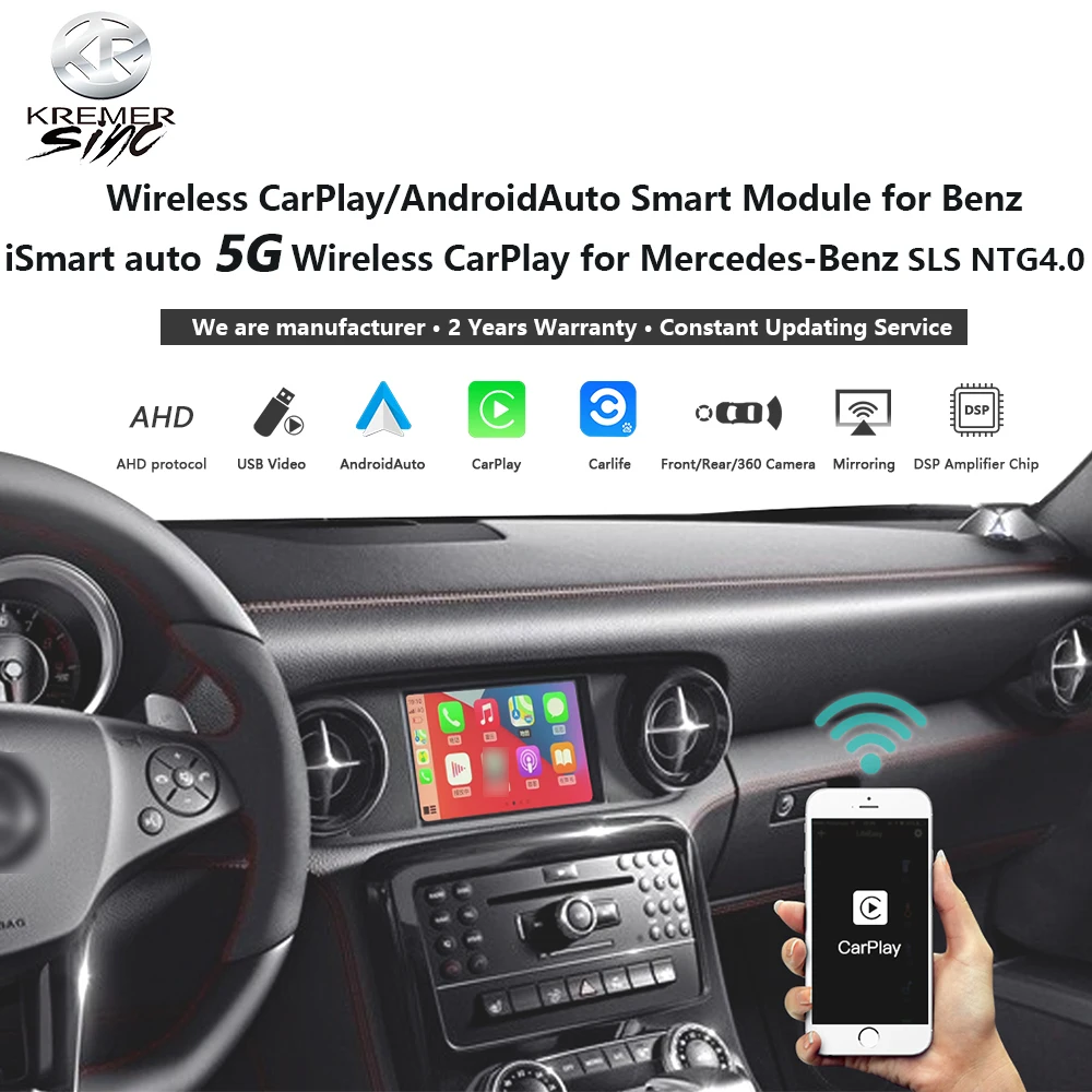 Mirror Link Wireless Apple Android Auto Retrofit, Mercedes-Benz SLS CarPlay NTG4.0 kSmart Auto Support OEM Microphone