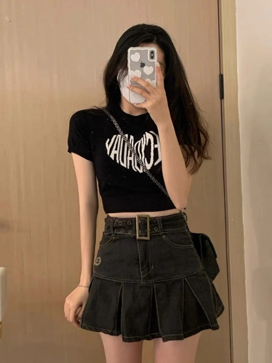 하이웨이스트 A라인 스커트 레트로 데님 플리츠 힙커버 롱 스커트 여성 여름 플러스 사이즈 디자인 센세이션 스파이시 걸