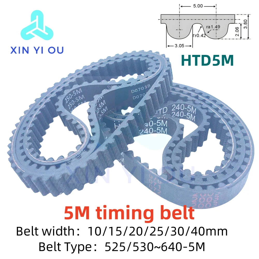 HTD-5M  closed-loop rubber timing belt type 525~640-5M, width 10/15/20/25/30mm  for 3D Printer CNC, High Precision No Splicing