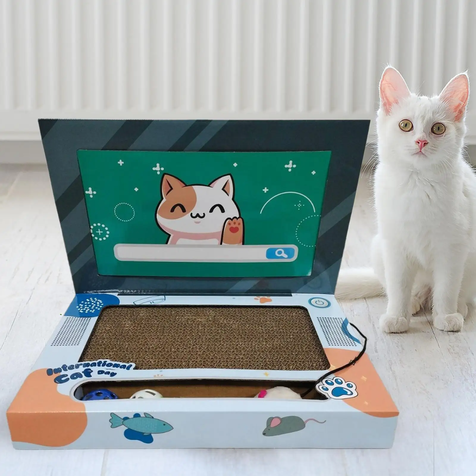 Cat Laptop Scratcher Cat Teaser and Ball Track Pad Toy Computer TV Scratcher Cat Scratching Board for Kitten Claw Indoor Cats