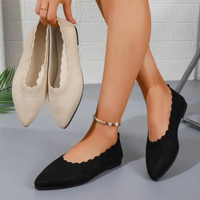 Pointed Toe Knit Ballet Flats Women Scalloped Edge Breathable Slip On Shoes