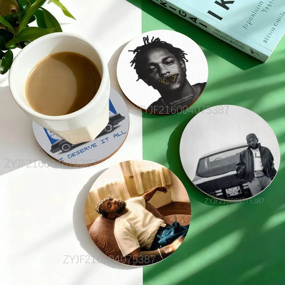 

K-Kendrick Lamar GNX Pattern Art Coasters Round Wooden Heat Resistant Non-Slip Home Decor Gift Multifunctional