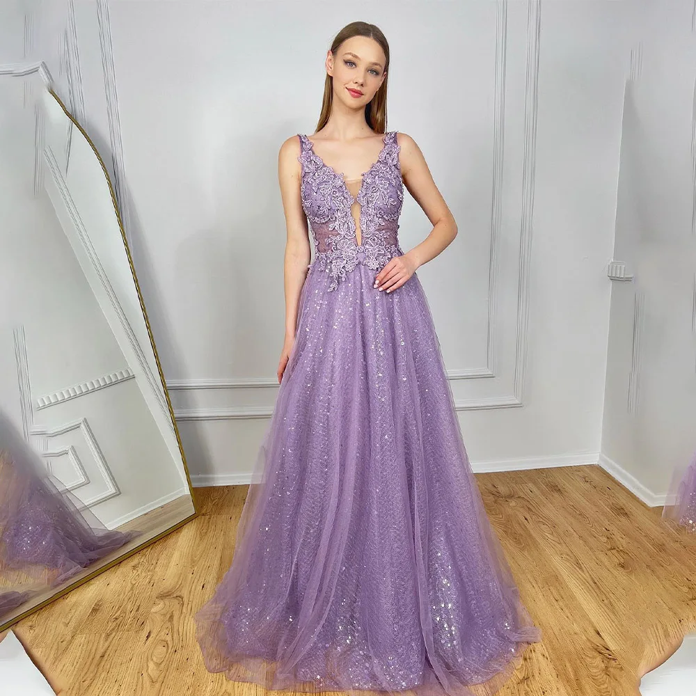 Elegant Light Purple V-neck Lace Applique Backless Evening Dresses Formal Party Grown Prom Girl Wear