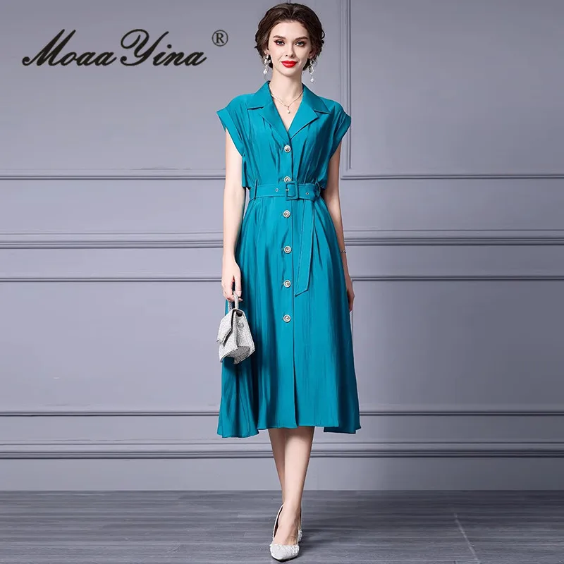 MoaaYina Summer Fashion Designer High Quality Women Dress Vintage Solid Color Single Breasted Sashes Chiffon Temperament Dresses