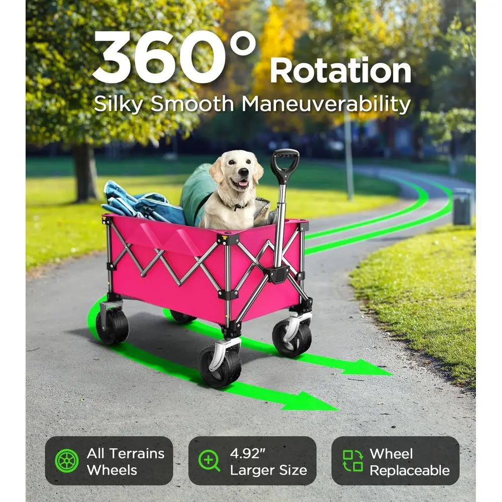 Large-Capacity Collapsible Utility Wagon with Big Wheels for Outdoor & Home Use - Pink