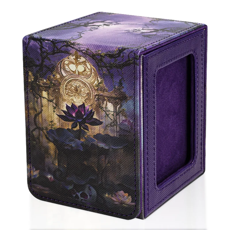 Card Deck Box for Pattern Print Cards with Display Window, Hold 100+ Double-Sleeved Cards, PU Leather Card Box Fits TCG Cards