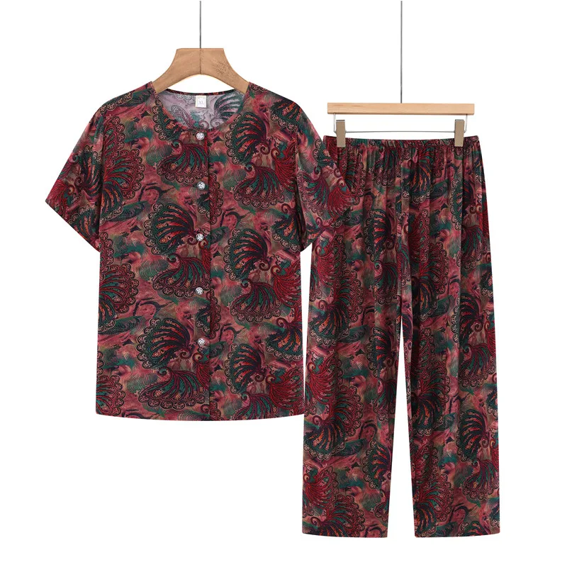 UHYTGF Women\'s Summer Two-Piece Set Printed Cotton Silk Thin Home Clothes Middle-Aged Elderly Loose Big Size Tracksuit Suit 2426