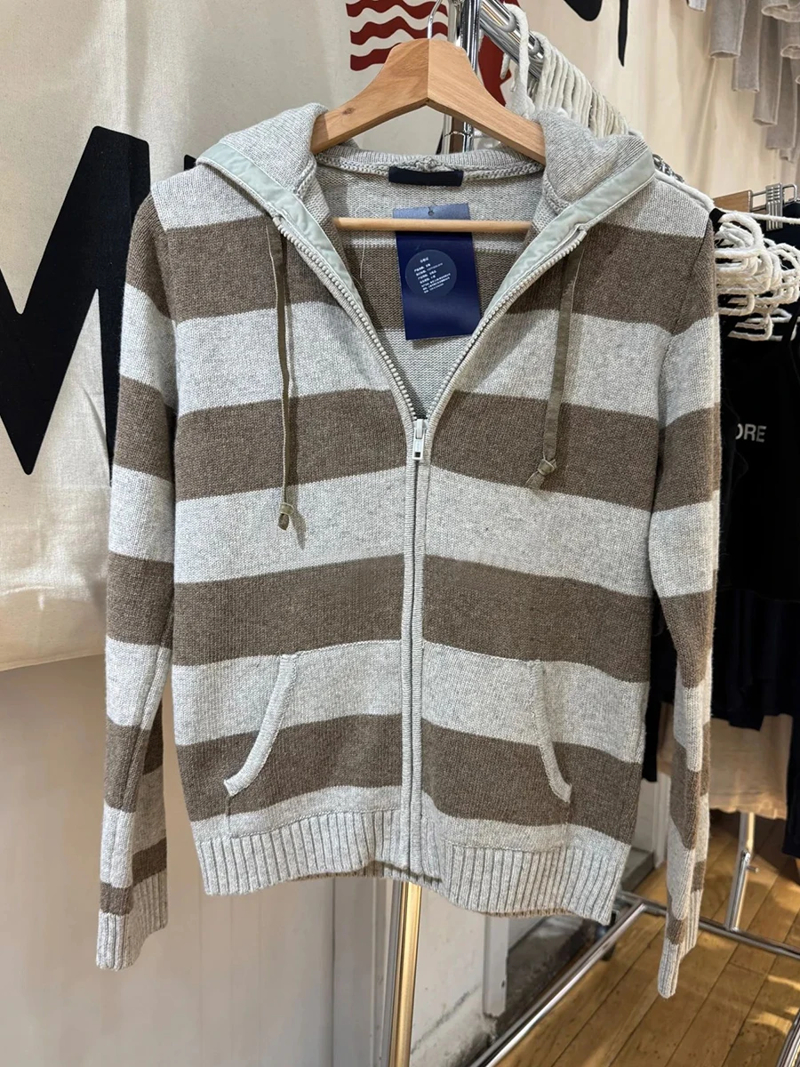 

Серо-коричневый полосатый свитер, кардиган, женский вязаный укороченный топ на молнии с длинными рукавами и капюшоном, женские винтажные универсальные хлопковые свитера, пальто