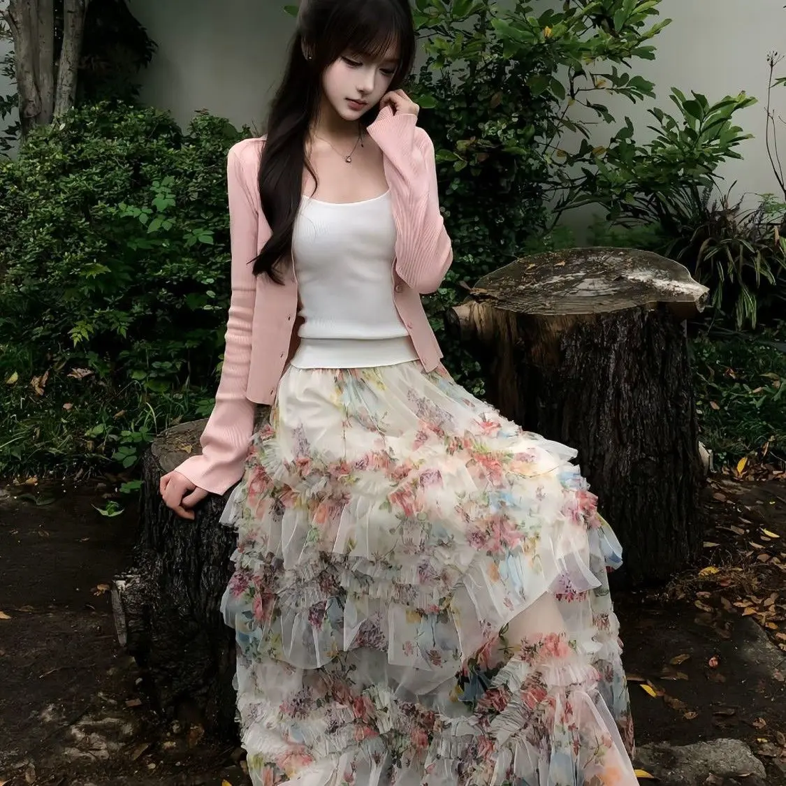 Women's Three-Piece Set Knitted Cardigan Strap Vest High Waist Floral Half Skirt Casual Style Polyester Fabric Cake Skirt