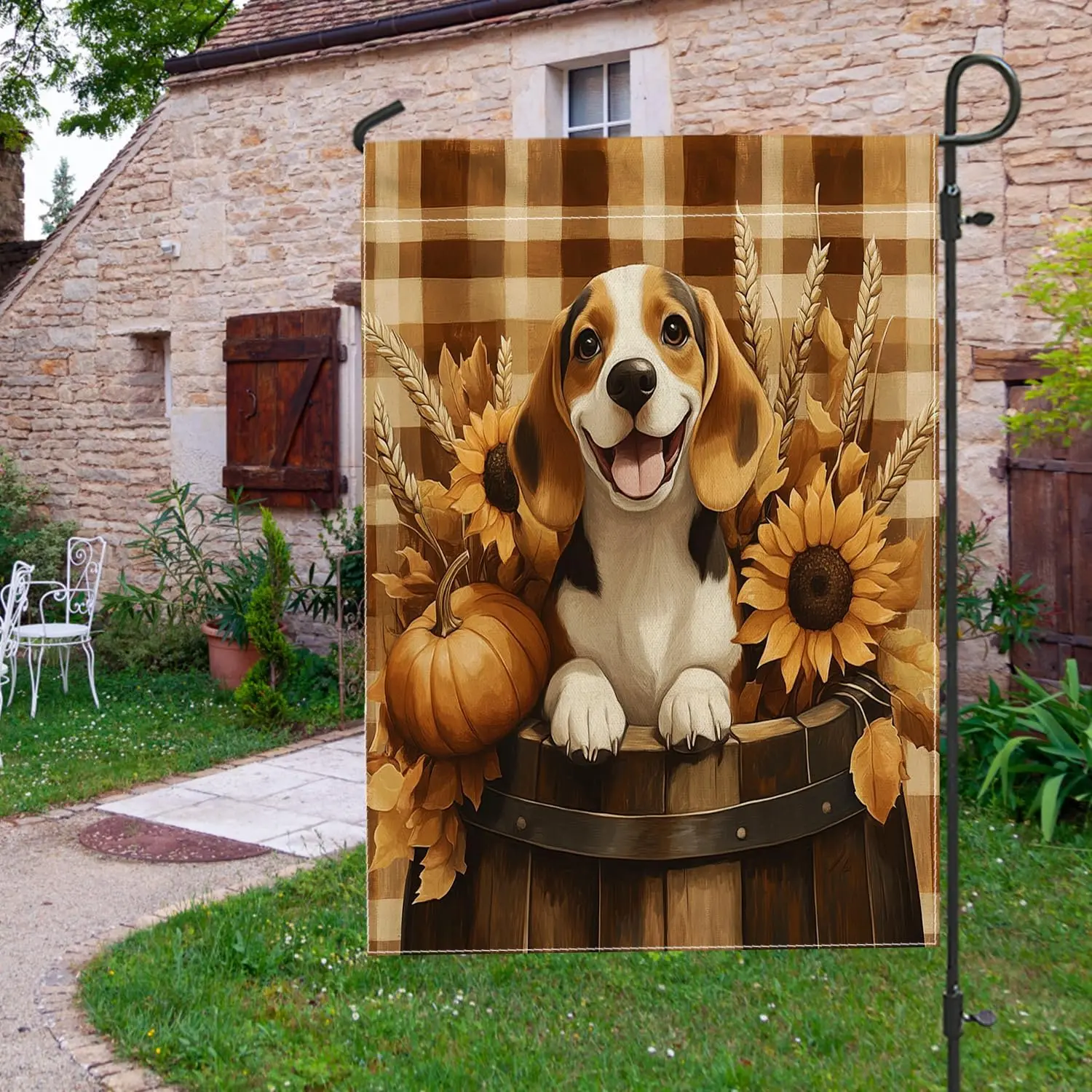 Farmhouse Fall Beagle Dog Garden Flags 12x18 Inch for Outside, Autumn Plaid Pet Standard Vertical Linen Flags for House, Pup UUN
