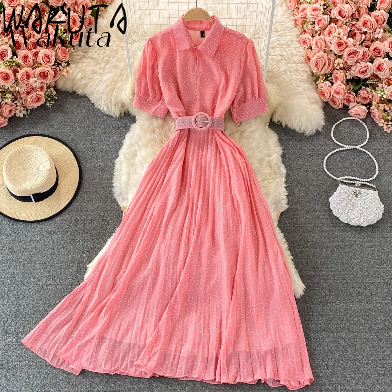 WAKUTA Woman Boho Dresses 2024 Summer Polka Dot Solid Color Belted Empire Long Maxi Robe Femme Chic Casual Vestidos De Mujer