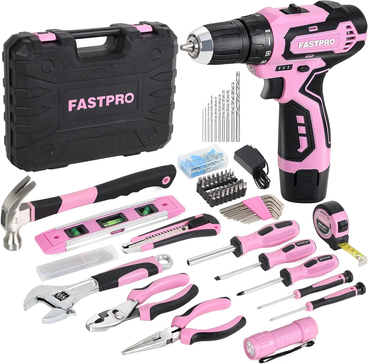 

160-Piece Pink Tool Set with 12V Cordless Lithium-ion Drill Driver, Lady's Home Repairing Kit in Storage Case, DIY